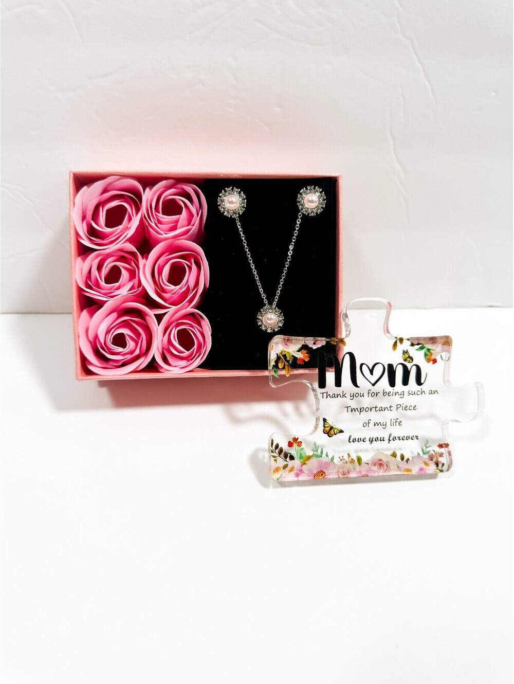 Mother's Day Gift Box with Jewelry, Chocolates, Pink Roses,
